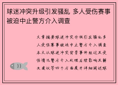 球迷冲突升级引发骚乱 多人受伤赛事被迫中止警方介入调查