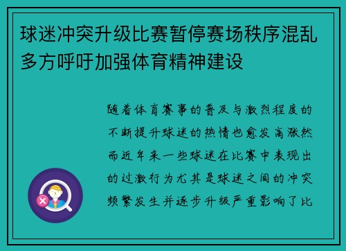 球迷冲突升级比赛暂停赛场秩序混乱多方呼吁加强体育精神建设 球迷冲突升级比赛暂停赛场秩序混乱多方呼吁加强体育精神建设