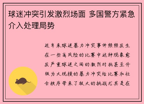 球迷冲突引发激烈场面 多国警方紧急介入处理局势