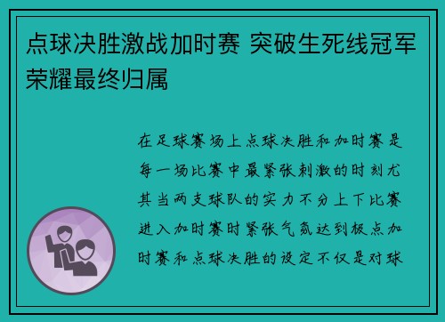 点球决胜激战加时赛 突破生死线冠军荣耀最终归属 点球决胜激战加时赛 突破生死线冠军荣耀最终归属