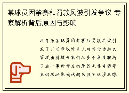 某球员因禁赛和罚款风波引发争议 专家解析背后原因与影响